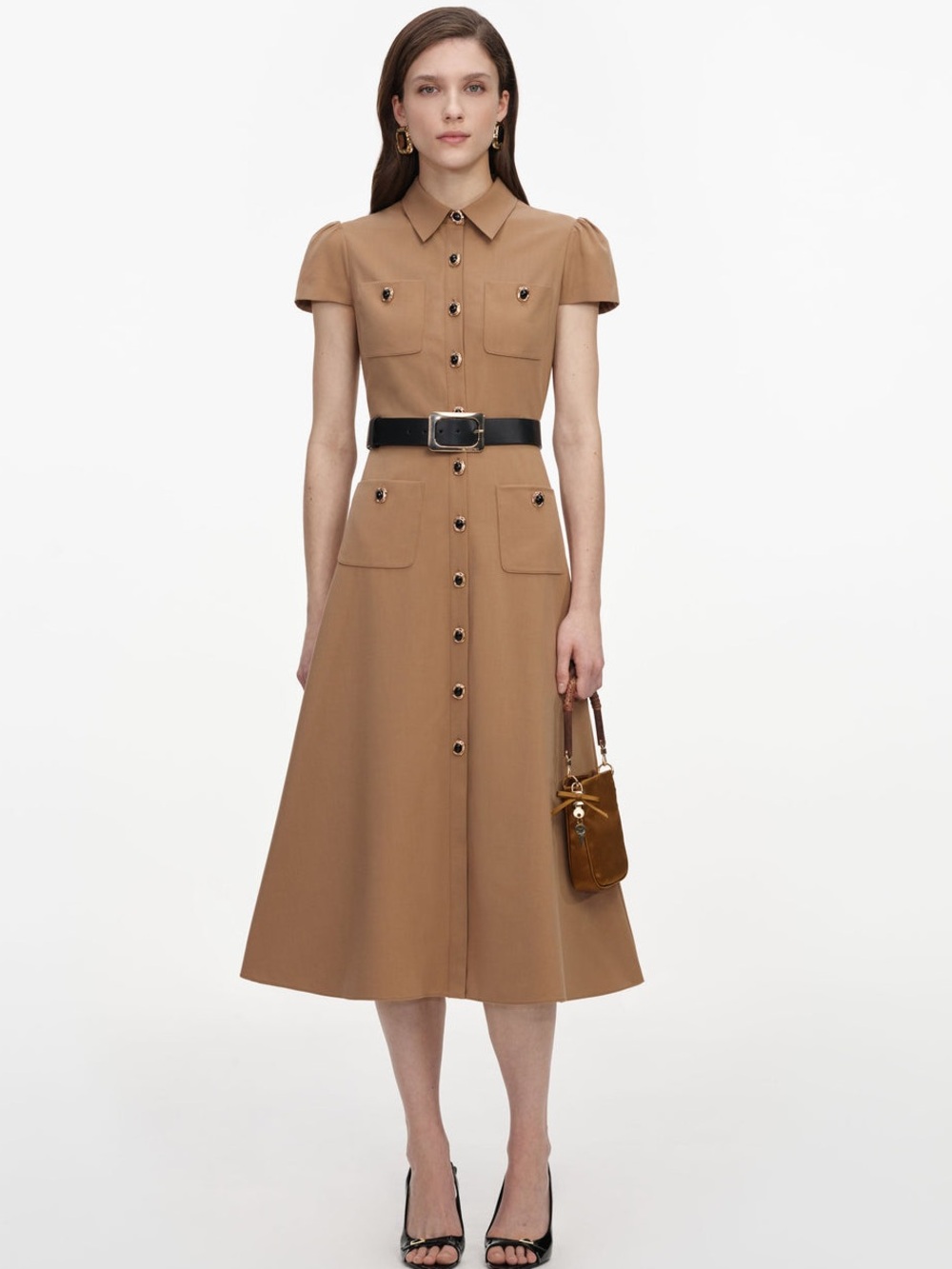 NWOT Self-Portrait TAN TWILL BELTED MIDI DRESS